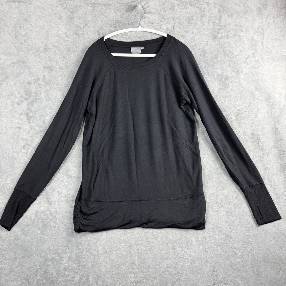 Athleta Womens Large Black Sweatshirt Tunic Ruched Hem Thumbhole Gorpcore